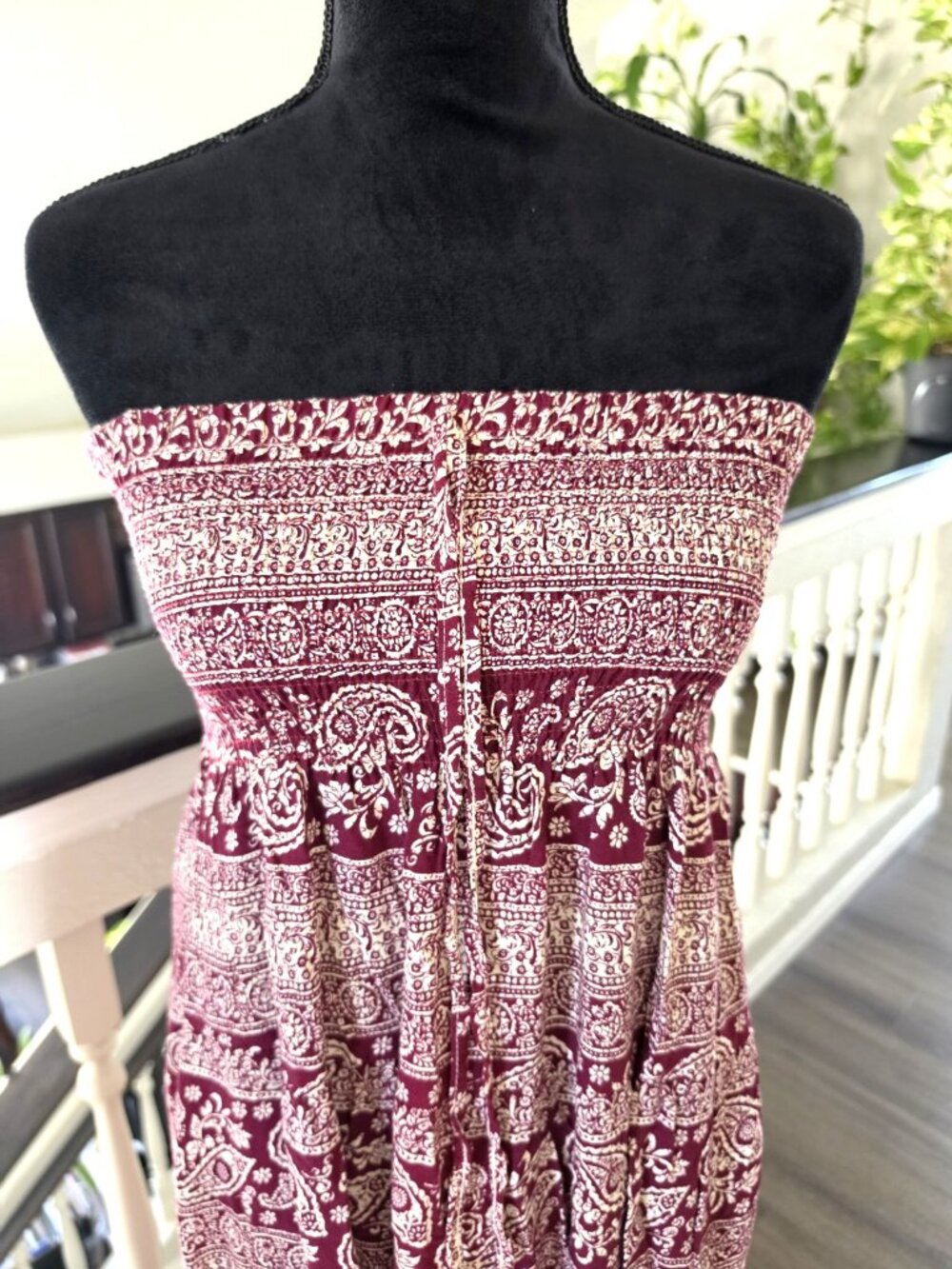 Tropiko Burgundy/Cream Paisley Strapless Smocked Stretch Maxi Dress SMALL - Picture 6 of 6